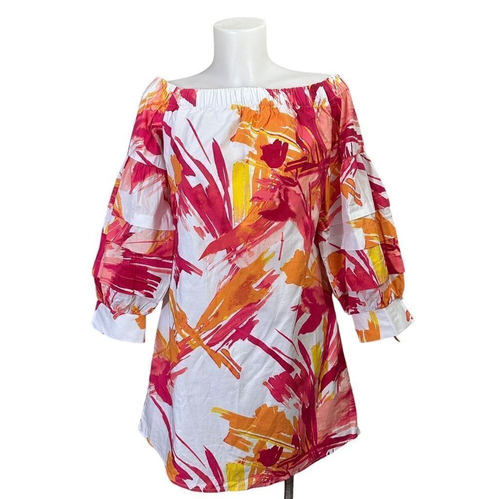 NY & Co Multicolored Off Shoulder‎ Bell Tiered Sleeves Shift Mini Dress XS NEW!